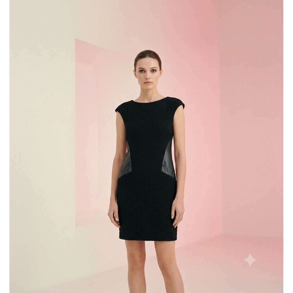 RENA LANGE Black Mini Dress with Lamb Leather Inserts Size 44 6 8